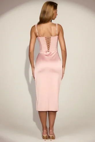 Abito midi in raso con corpetto a scollo rotondo in pizzo Taliah, colore rosa