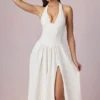 Abito midi-lungo con scollo all’americana in modal con ricamo inglese Farrah, bianco