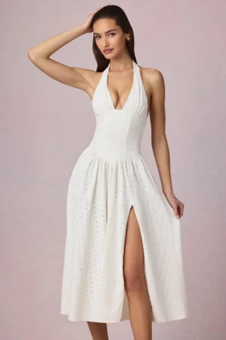 Abito midi-lungo con scollo all’americana in modal con ricamo inglese Farrah, bianco