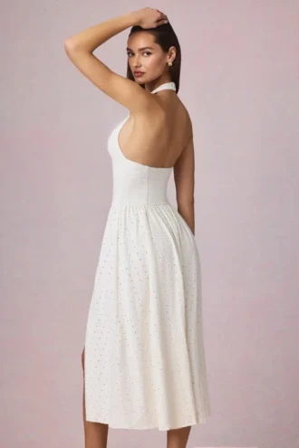 Abito midi-lungo con scollo all’americana in modal con ricamo inglese Farrah, bianco
