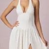 Abito midi-lungo con scollo all’americana in modal con ricamo inglese Farrah, bianco