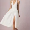 Abito midi-lungo con scollo all’americana in modal con ricamo inglese Farrah, bianco