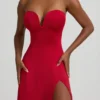 Abito midi svasato senza spalline in jersey slinky Joely, colore rosso vero