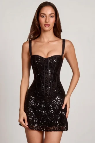 Abito mini A-line con corsetto peekaboo decorato Benedetta in zebrato nero