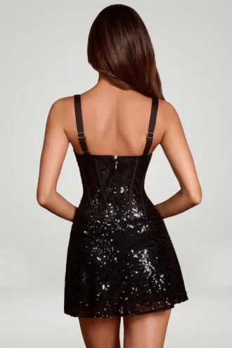 Abito mini A-line con corsetto peekaboo decorato Benedetta in zebrato nero