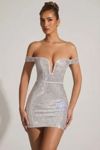 Abito mini con spalle scoperte e decorazioni Leonora in bianco