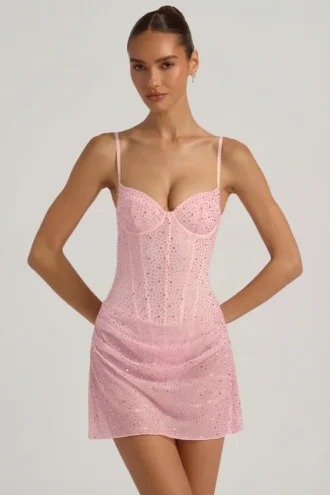 Abito mini drappeggiato con decorazioni semi-trasparente Connie in rosa