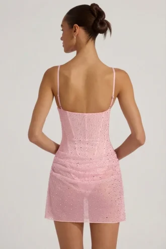 Abito mini drappeggiato con decorazioni semi-trasparente Connie in rosa
