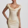 Abito mini drappeggiato con spalle scoperte in raso Maeve, colore avorio