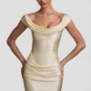 Abito mini drappeggiato con spalle scoperte in raso Maeve, colore avorio