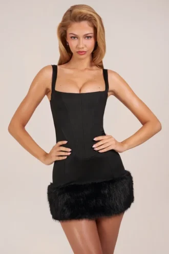 Abito mini Rixelle in raso con scollo quadrato, corsetto e pelliccia sintetica, colore nero
