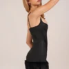 Abito mini Rixelle in raso con scollo quadrato, corsetto e pelliccia sintetica, colore nero