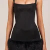 Abito mini Rixelle in raso con scollo quadrato, corsetto e pelliccia sintetica, colore nero