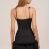 Abito mini Rixelle in raso con scollo quadrato, corsetto e pelliccia sintetica, colore nero