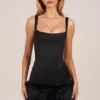 Abito mini Rixelle in raso con scollo quadrato, corsetto e pelliccia sintetica, colore nero