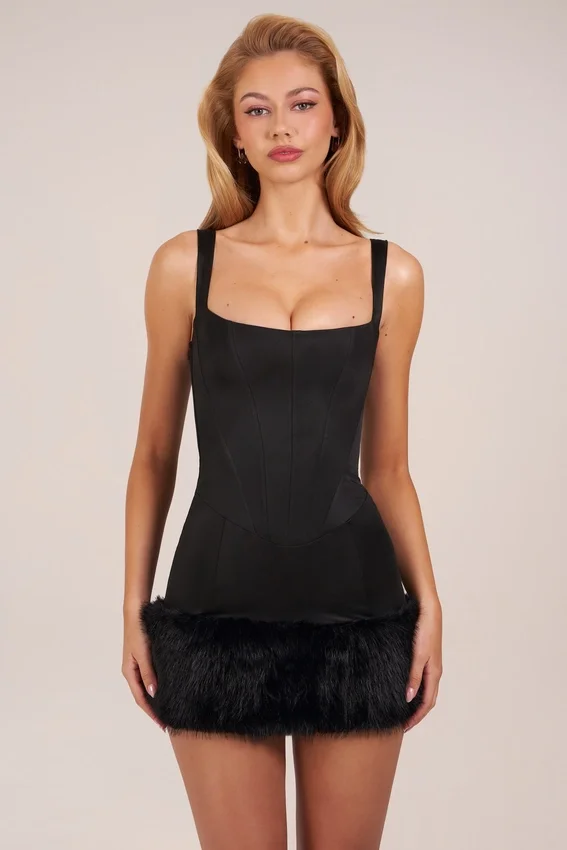 Abito mini Rixelle in raso con scollo quadrato, corsetto e pelliccia sintetica, colore nero