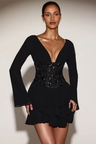 Abito mini svasato con corpetto decorato in chiffon Reinara, nero