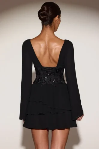 Abito mini svasato con corpetto decorato in chiffon Reinara, nero