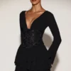 Abito mini svasato con corpetto decorato in chiffon Reinara, nero Abito mini svasato con corpetto decorato in chiffon Reinara, nero