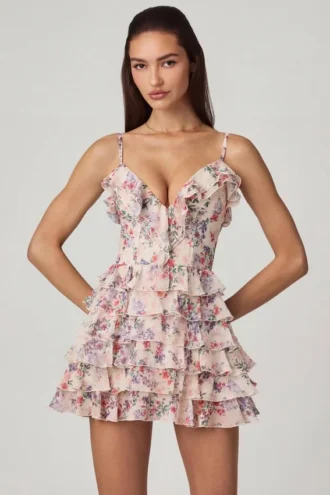 Abito mini svasato con volant e allacciatura Lolina con stampa floreale Primrose