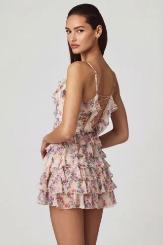 Abito mini svasato con volant e allacciatura Lolina con stampa floreale Primrose