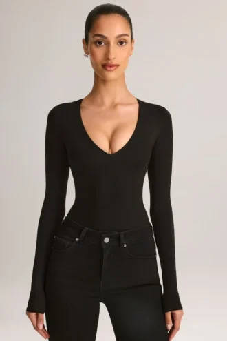 Body a maniche lunghe con scollo profondo in modal Elodie, colore nero