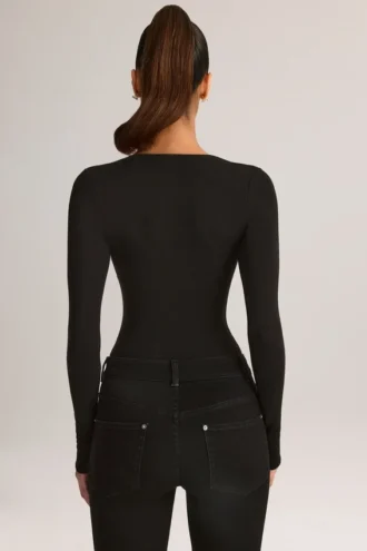 Body a maniche lunghe con scollo profondo in modal Elodie, colore nero