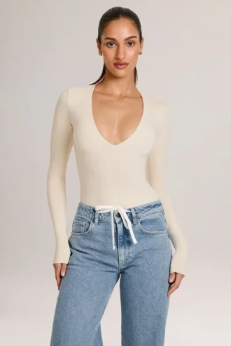 Body a maniche lunghe Elodie Modal Plunge  in avorio