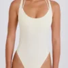 Body a strati con scollo incrociato in jersey di cotone elasticizzato color crema