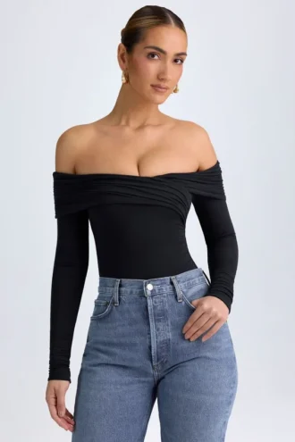 Body Ceyln in TENCEL™ Modal con spalle scoperte e arricciature, colore nero