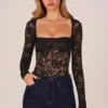 Body con lacci a maniche lunghe Letizia in nero