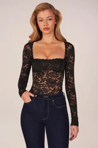 Body con lacci a maniche lunghe Letizia in nero