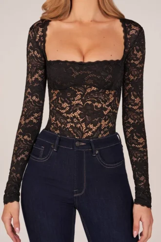 Body con lacci a maniche lunghe Letizia in nero