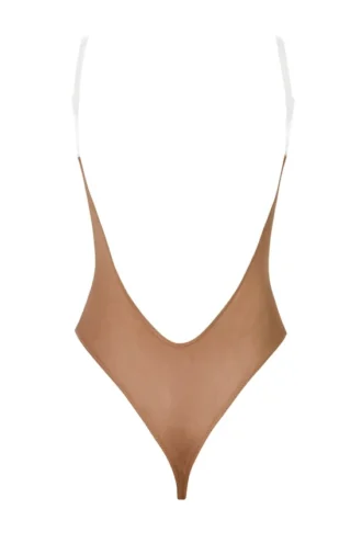 Body intimo con tanga e spalline invisibili in morbida rete, colore Miele