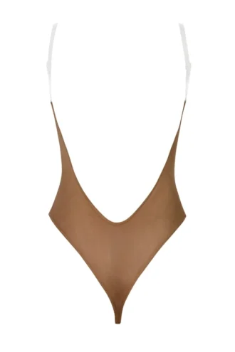 Body intimo in morbida rete con tanga e spalline invisibili, colore mandorla