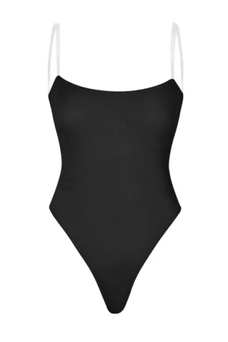 Body intimo in morbida rete con tanga e spalline invisibili, colore nero