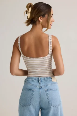 Body Jolla in Modal con scollo quadrato a righe rosa e gialle