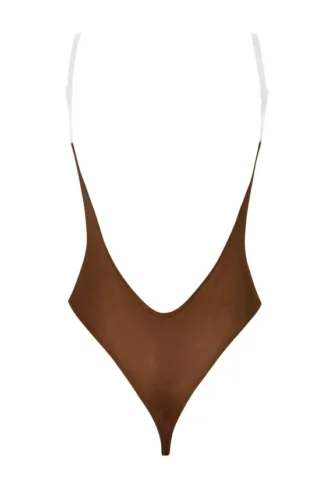 Body tanga con spalline invisibili in morbida rete Intimates, color castagna