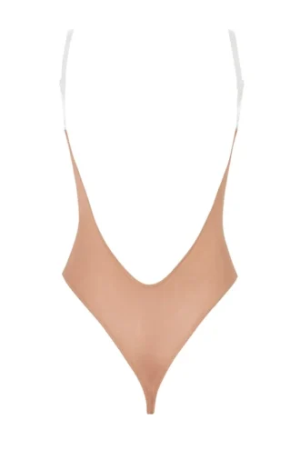 Body tanga con spalline invisibili in morbida rete Intimates color pesca caldo
