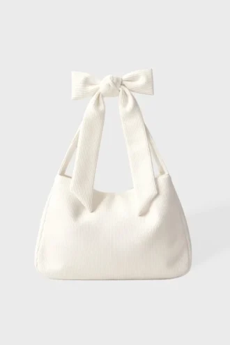 Borsa tote in velluto a coste con fiocco, color avorio Borsa tote in velluto a coste con fiocco, color avorio