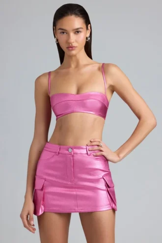 Bralette corta in denim metallizzato Kennedy in rosa intenso