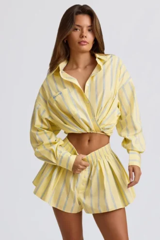 Camicia corta multiuso a righe in popeline di cotone a righe gialle