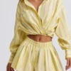 Camicia corta multiuso a righe in popeline di cotone a righe gialle
