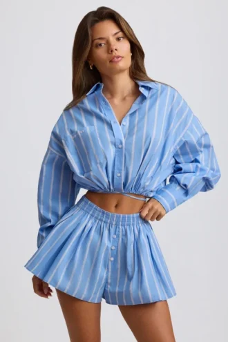 Camicia corta multiuso in popeline di cotone a righe blu