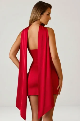 Camila Vestito Corto senza spalline con dettaglio a sciarpa in linea ad A, rosso scarlatto Camila Vestito Corto senza spalline con dettaglio a sciarpa in linea ad A, rosso scarlatto