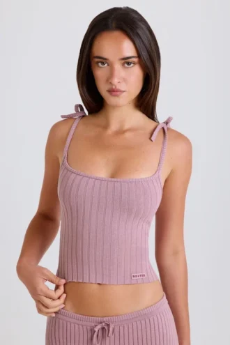 Canotta con lacci in maglia a coste color malva
