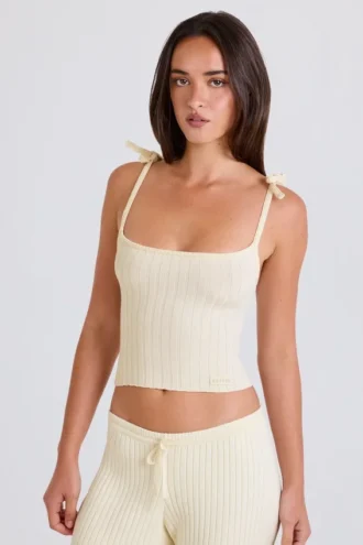 Canotta con lacci in maglia a costine color crema