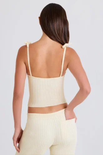 Canotta con lacci in maglia a costine color crema