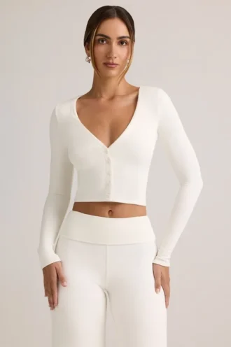 Cardigan corto a coste in modal Kiva, bianco