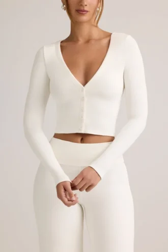 Cardigan corto a coste in modal Kiva, bianco